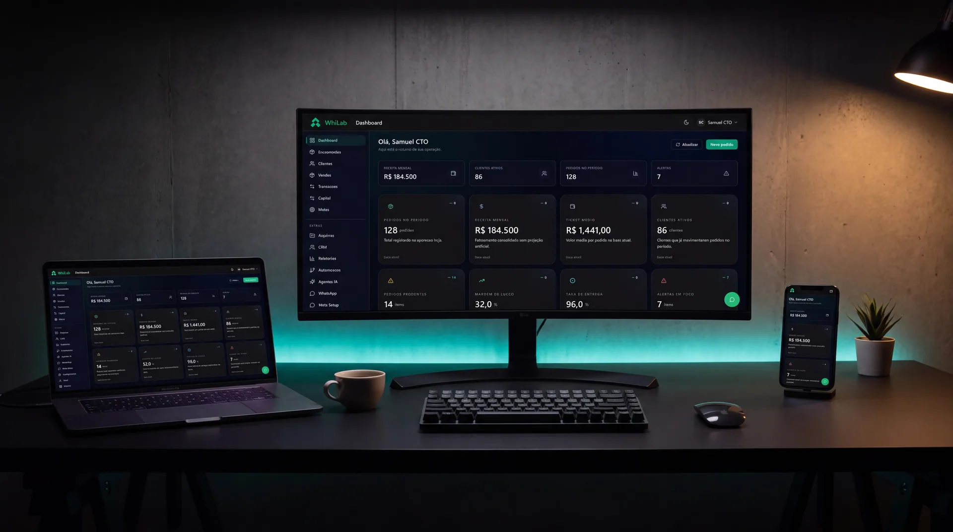 Plataforma WhiLab apresentada em desktop, notebook e celular.