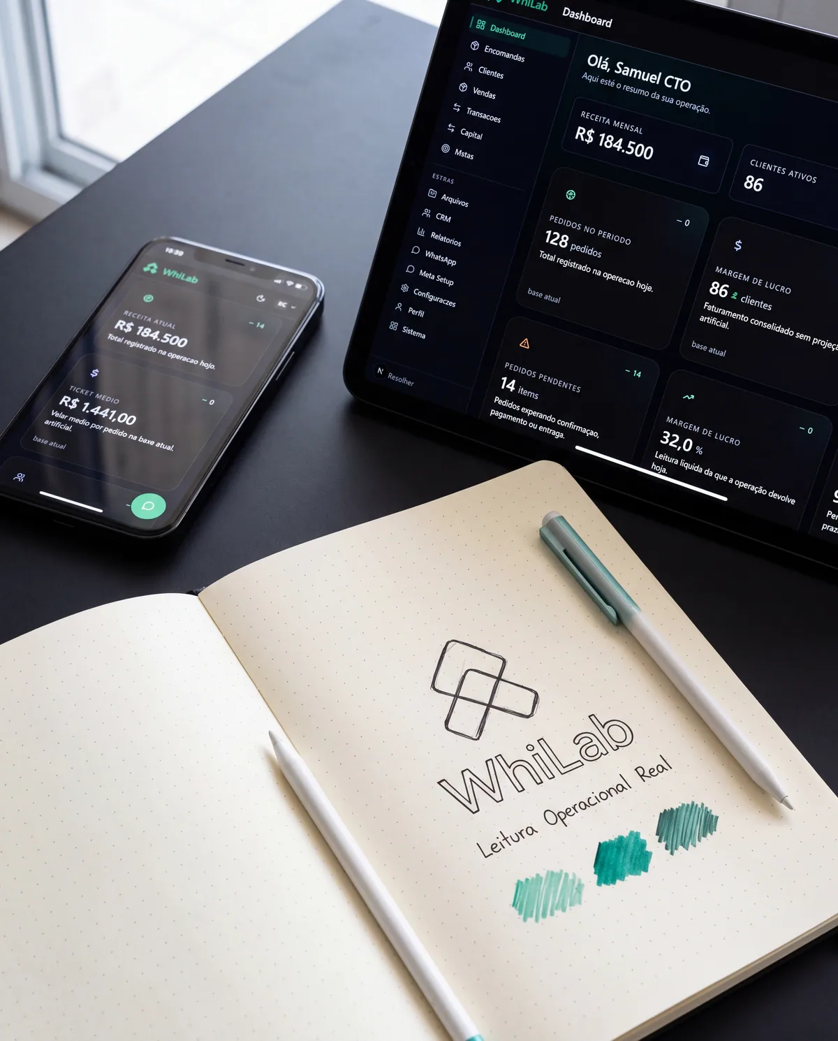 Identidade WhiLab aplicada ao tablet, celular e material de marca.